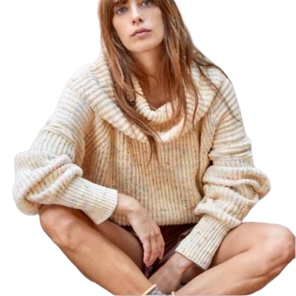 NWT Free People Leo Tunic Sassy Peach Combo Oversized Cowl Neck Sweater, Medium - Picture 2 of 9